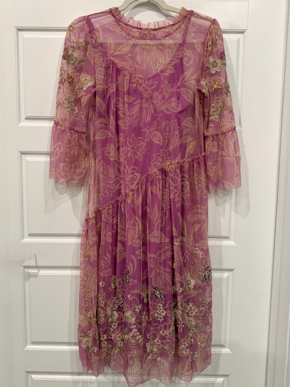 NWT JOHNNY WAS Biya Mazzy Arching Ruffles Dress Pink Floral Embroidered XS Boho - Picture 9 of 13
